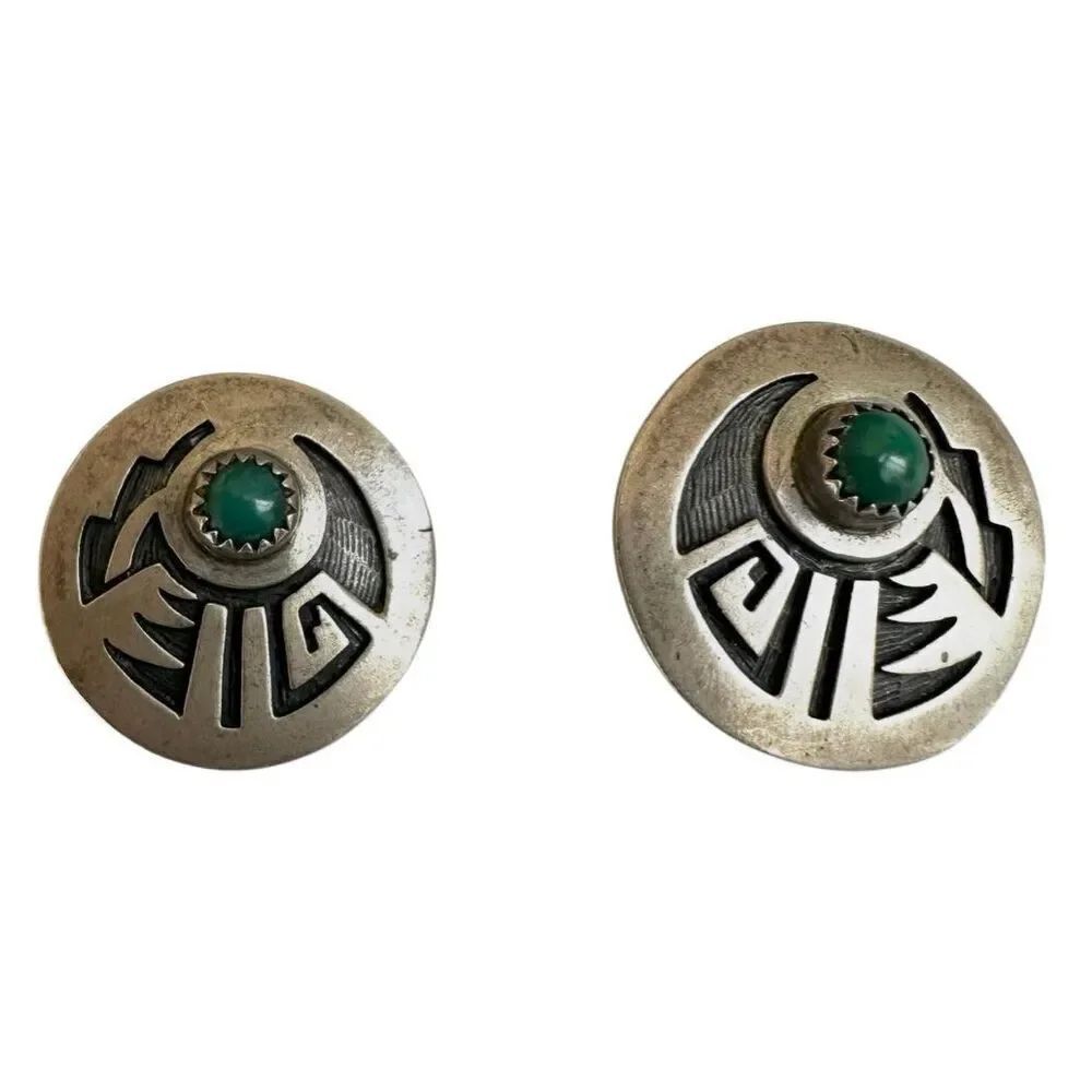 Vintage Sterling Silver Thunderbird Style Post Earrings Green Stone